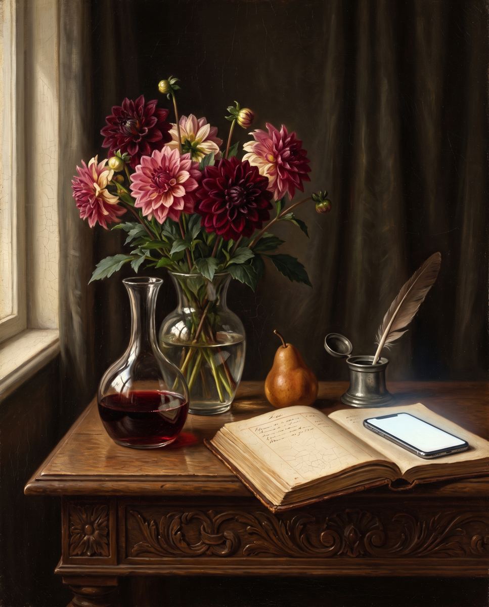 ダリアの花瓶、帳簿、羽根ペン、スマートフォンを描いた静物画